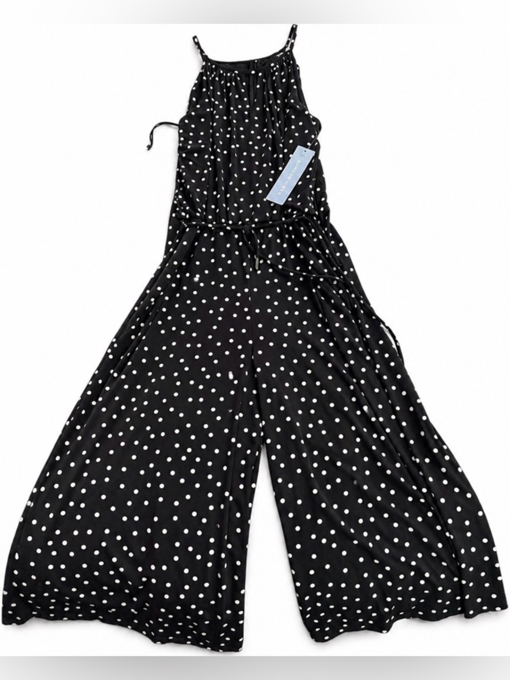 London Times NWT Black White Polka Dot Halter Jumpsuit Sleeveless M palazzo crop